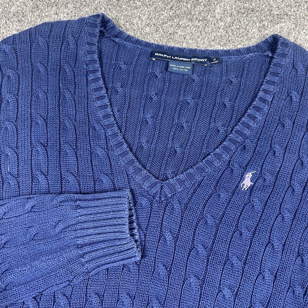 Ralph Lauren Sport XL Women Cable Knit Navy Blue Sweater Cotton V-Neck Preppy